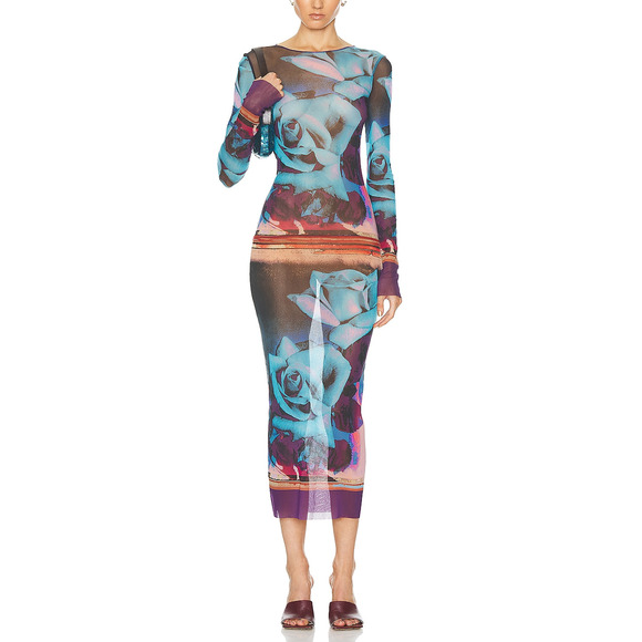 Jean Paul 'Gaultier Roses' Blue Mesh Long Sleeve Dress Size M